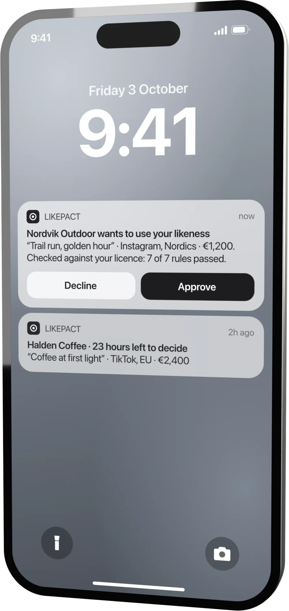 iPhone lock screen showing a LikePact request: Nordvik Outdoor wants to use your likeness, with Decline and Approve